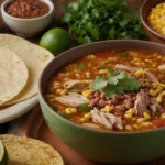A hearty bowl of Caldo de Pollo Recipe featuring tender shredded chicken, fresh vegetables like carrots, zucchini, and potatoes, garnished with cilantro, served alongside a lime wedge and cornbread