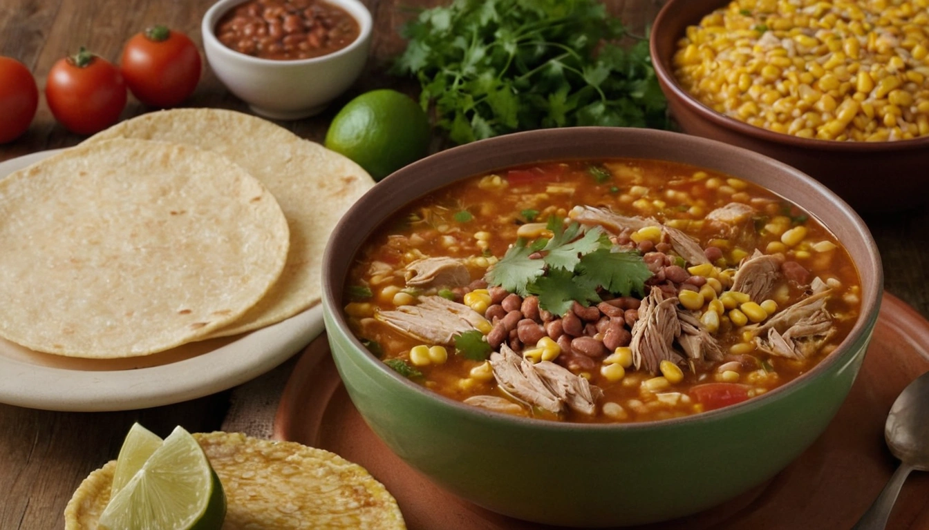 A hearty bowl of Caldo de Pollo Recipe featuring tender shredded chicken, fresh vegetables like carrots, zucchini, and potatoes, garnished with cilantro, served alongside a lime wedge and cornbread