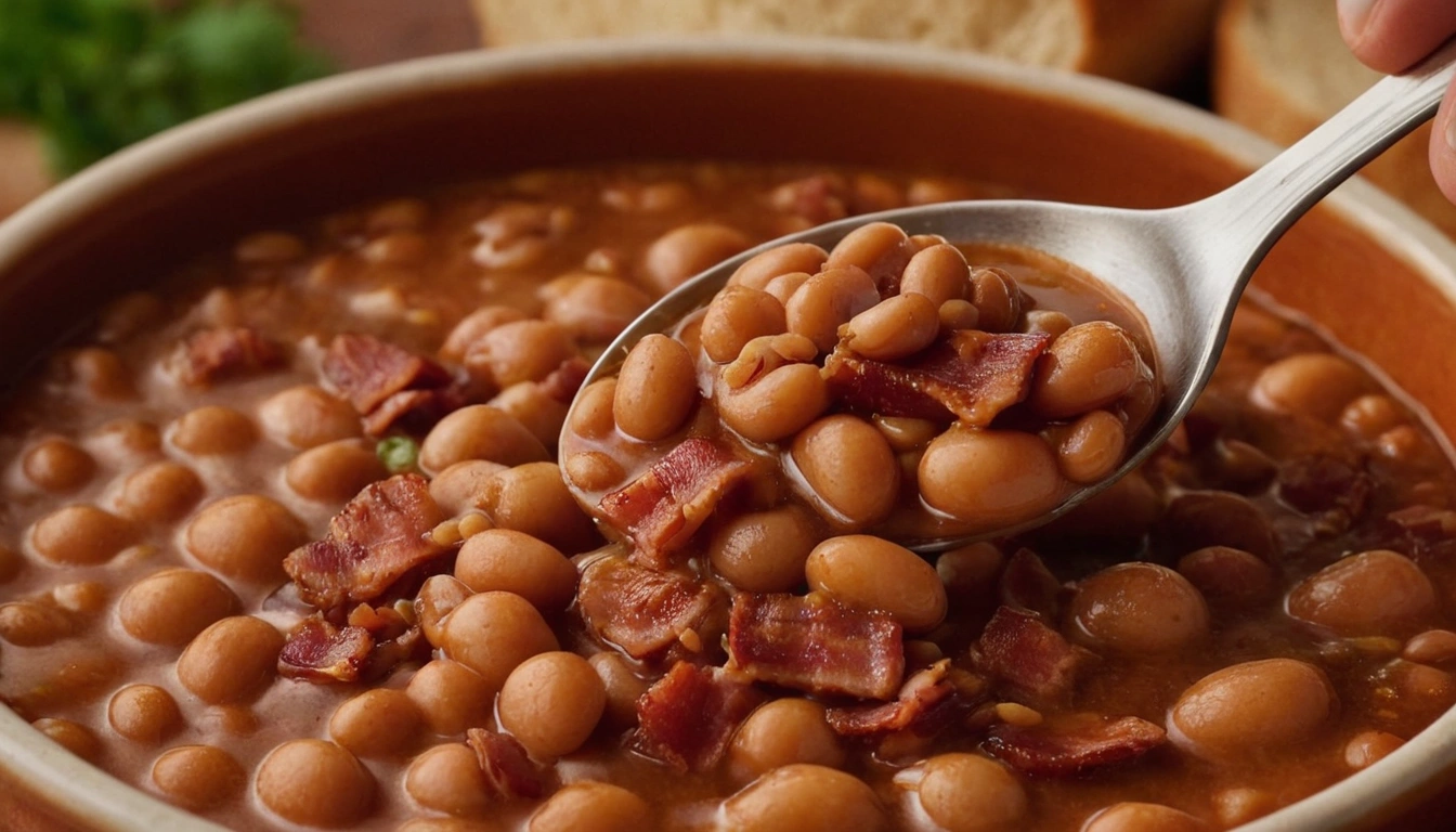 A rich bowl of smoky baked beans with crispy bacon, served warm and perfect for a comforting meal