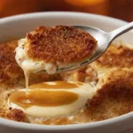 Caramelized crab brulee recipe in a ramekin with a crispy sugar crust, garnished with fresh herbs, on a rustic wooden table