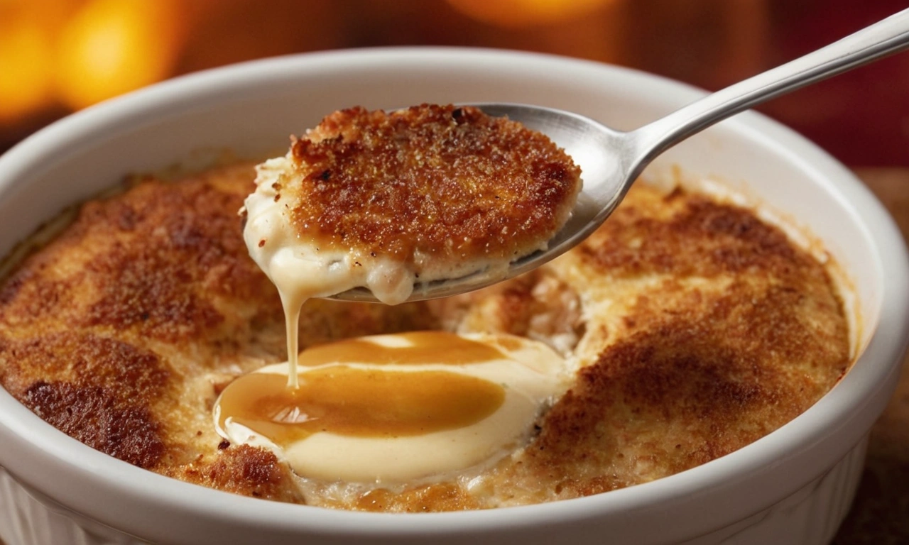 Caramelized crab brulee recipe in a ramekin with a crispy sugar crust, garnished with fresh herbs, on a rustic wooden table