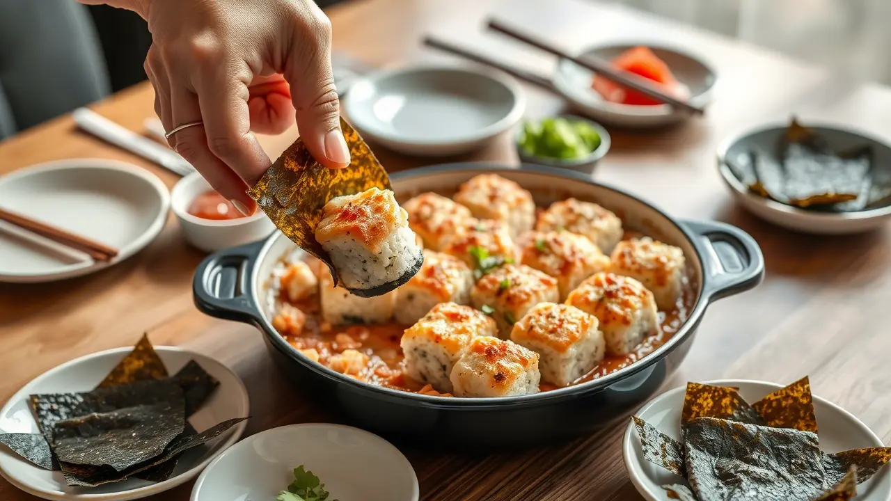 A close-up of a hand holding a sushi bake bite wrapped in crispy seaweed, with a pan of baked sushi rice topped with a creamy, golden-browned layer in the background. Various side dishes, including nori sheets and condiments, are arranged on a wooden table