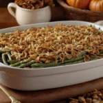 Creamy green bean casserole in a white dish with crispy fried onions, served on a rustic Thanksgiving table with autumn decor.