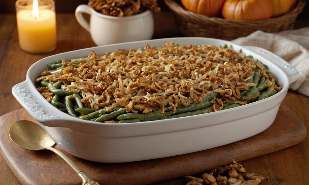 Creamy green bean casserole in a white dish with crispy fried onions, served on a rustic Thanksgiving table with autumn decor.
