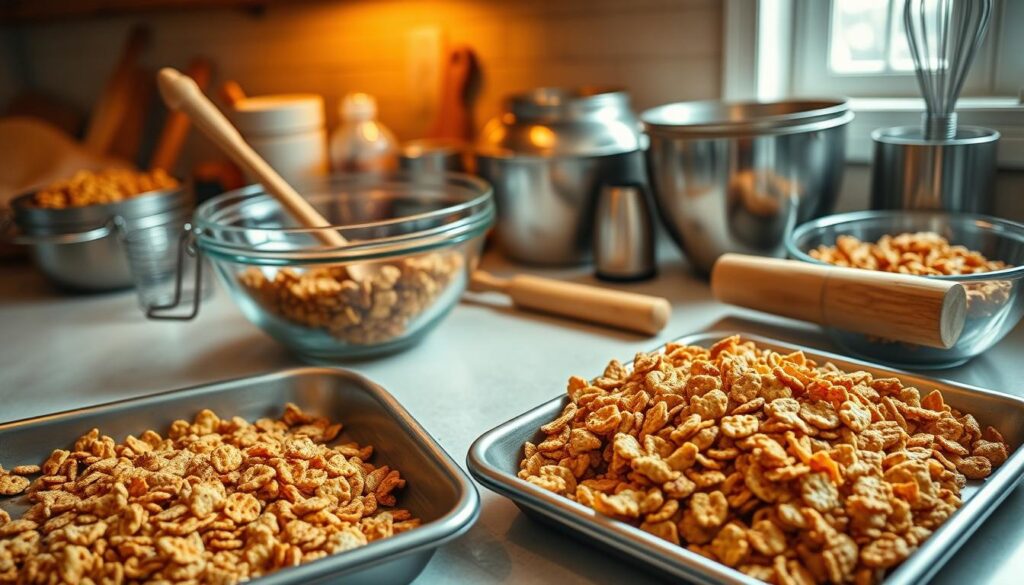 homemade chex mix baking equipment including baking sheets and mixing bowls
